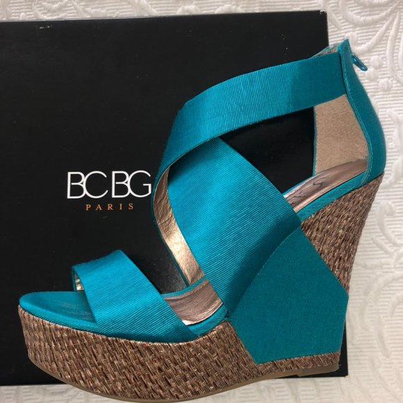 BCBG RANDO Platform Wedge Heel Sandal Teal Fabric Jute Trim Back Zip Sexy 8 - Picture 5 of 13